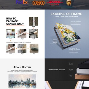 May include: A guide on how to package a canvas print for shipping. The image shows a step-by-step process of rolling up a canvas print and placing it in a tube. The image also shows different frame options for the canvas print, including black, silver, and gold.