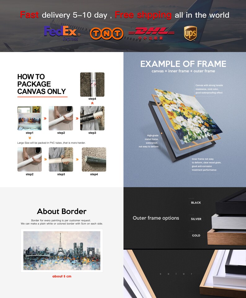 May include: A guide on how to package a canvas print for shipping. The image shows a step-by-step process of rolling up a canvas print and placing it in a tube. The image also shows different frame options for the canvas print, including black, silver, and gold.