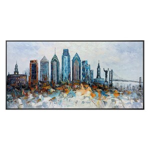 Pode incluir: Uma pintura do horizonte de Filad&eacute;lfia com a ic&ocirc;nica est&aacute;tua do Rocky em primeiro plano. A pintura &eacute; feita em um estilo colorido e impressionista com pinceladas grossas.