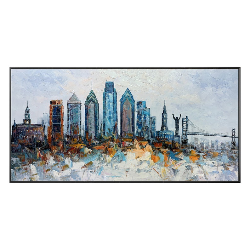 Pode incluir: Uma pintura do horizonte de Filad&eacute;lfia com a ic&ocirc;nica est&aacute;tua do Rocky em primeiro plano. A pintura &eacute; feita em um estilo colorido e impressionista com pinceladas grossas.