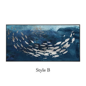 May include: Abstract painting of a school of silver fish swimming in a blue ocean. The fish are silhouetted against a blue and white background.