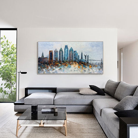 Philadelphia Skyline Oil Painting: Abstract Palette Knife Texture, Framed Canvas Art
