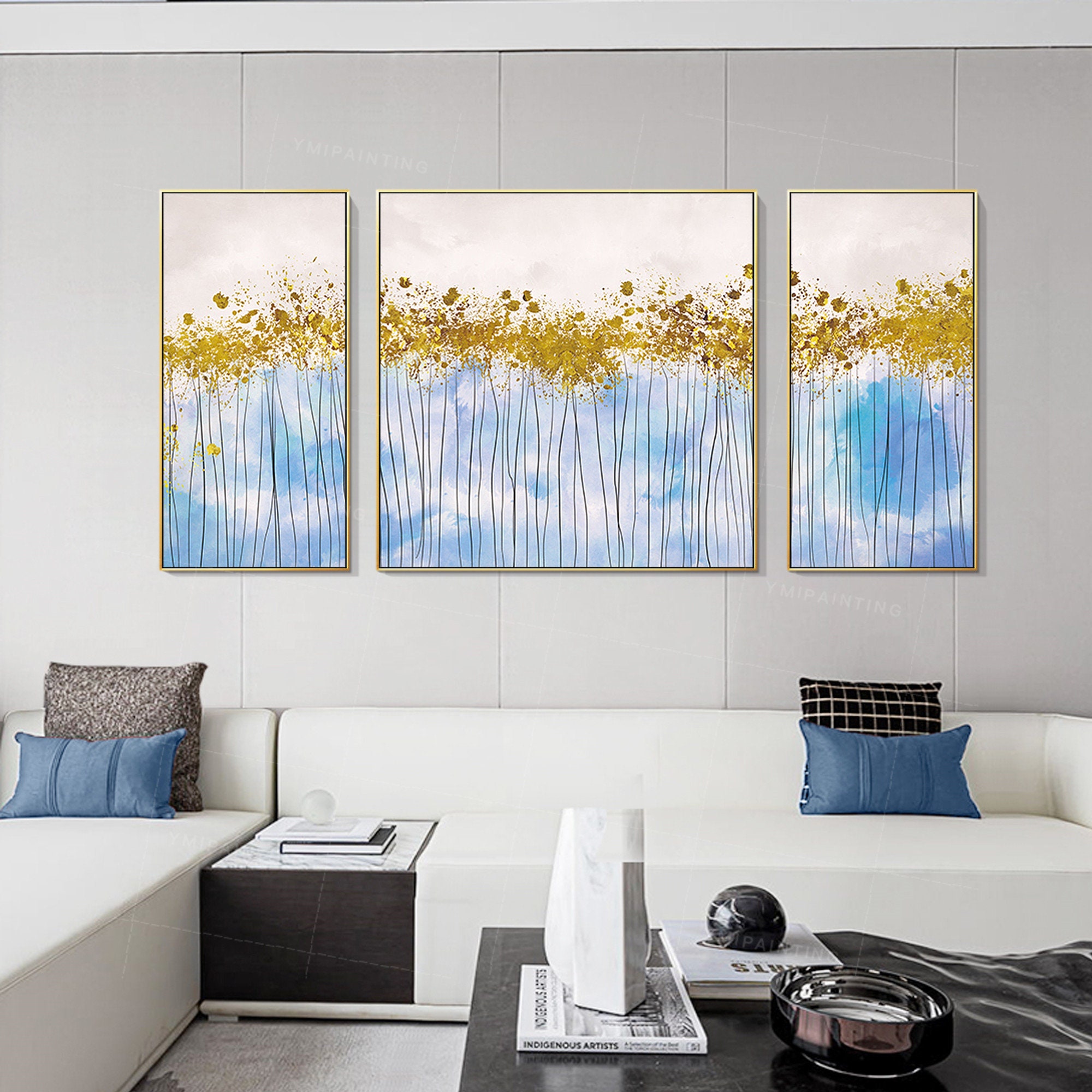 Gold Leaf Blue Abstract Floral Set of 3 Wall Art Flower Tree Etsy