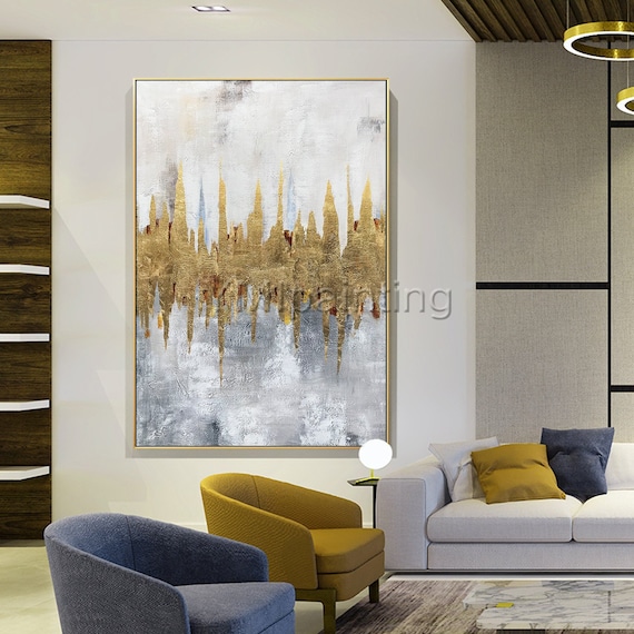 金箔アクセントの抽象画 大型モダン現代アート作品 キャンバスアート約150cm 金箔の抽象画：キャンバスに描かれた大型モダンウォールアート - Etsy 日本