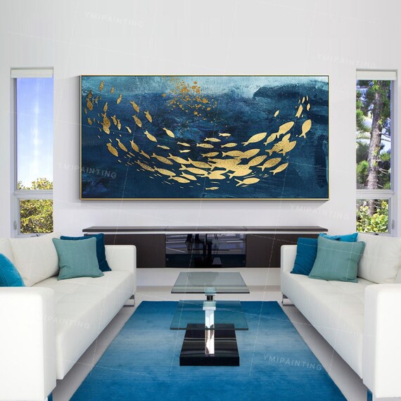 Gold Fish Painting, Navy Blue Ocean Wall Art, Hand Painted Abstract Artwork, Textured School of Fish Canvas, Living Room Decor,Gift Ideas