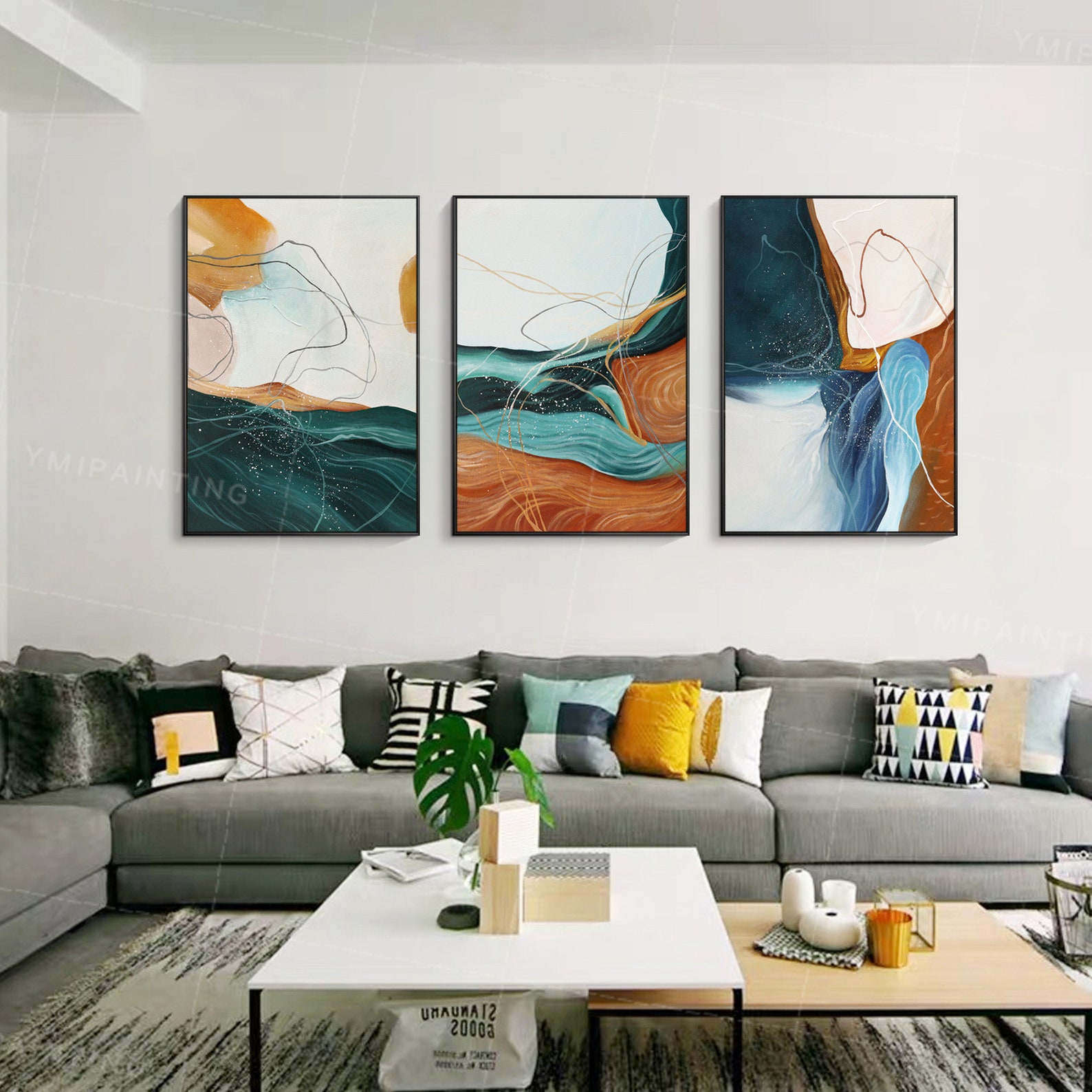 Emerald Green Framed Painting 3 Piece Wall Art Abstract Ocean Etsy