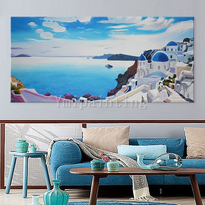 Greece Santorini Oil Painting on Canvas original art Seascape Painting Eroupe Greece Wall pictures Cityscape Blue painting home Decor