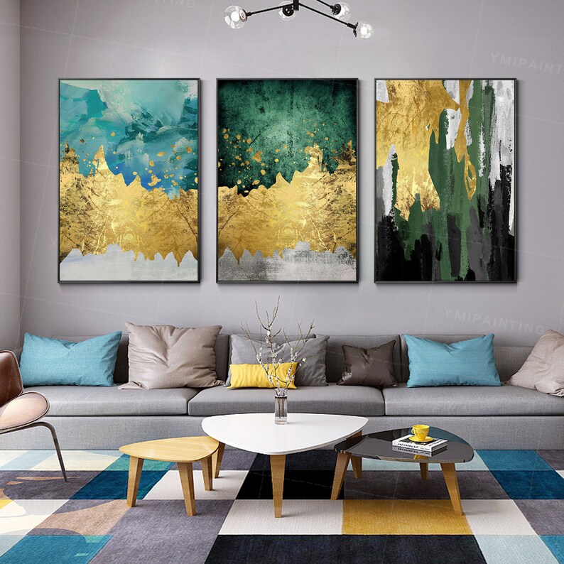 Gold leaf Framed painting set of 3 wall art Gold art acrylic Etsy