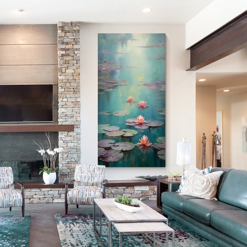 May include: A vertical canvas painting depicting a serene pond scene with pink water lilies blooming on lily pads. The water is a light blue-green colour and the background is a soft, hazy blue.