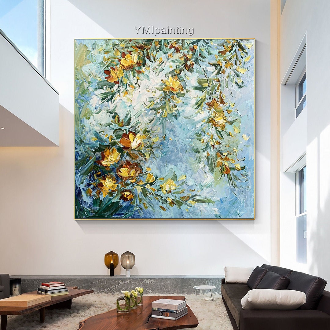 Original Abstract Floral Painting: Blue Green Palette Knife Texture - Etsy