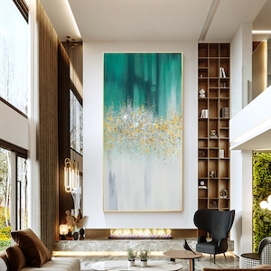Original emerald green art decor,glitter wall art,crushed glass wall art,green painting,green and gold wall art,emerald painting,Ymipaint