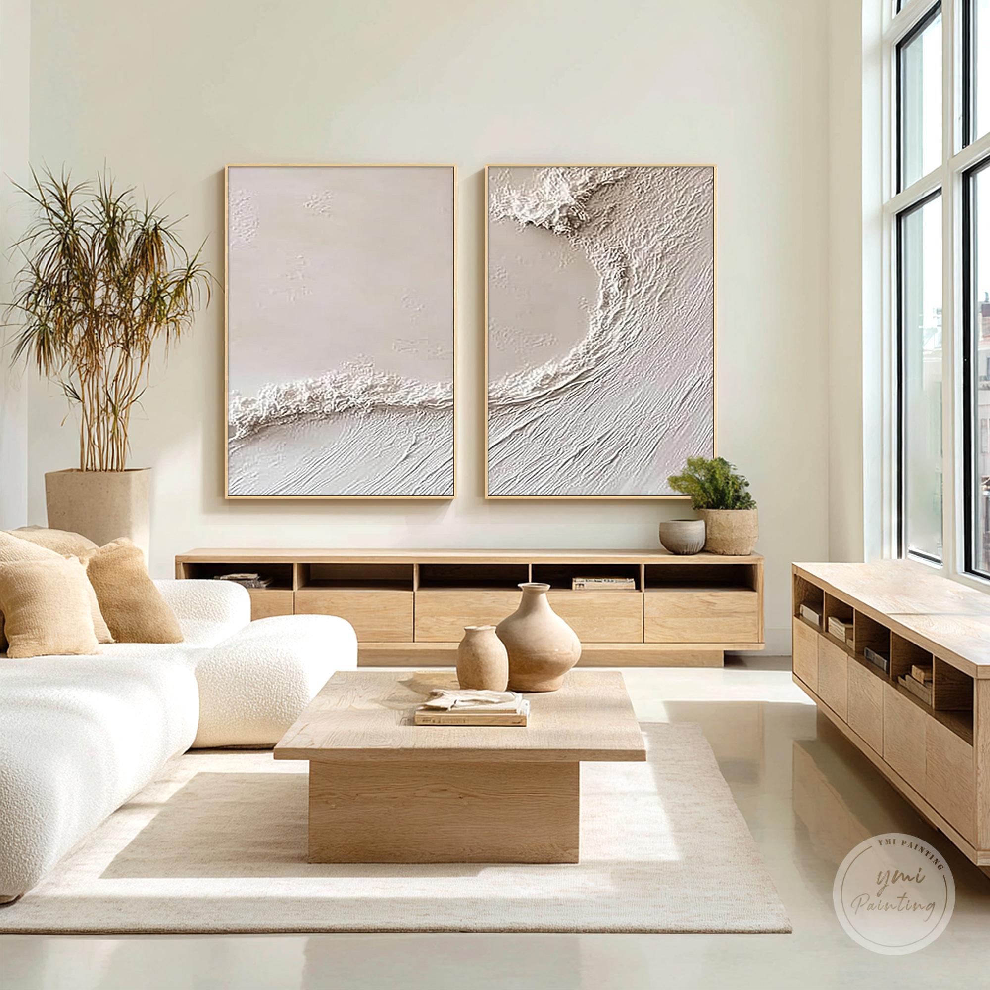 Neutral Ocean Wave Wall Art Set of 2, Beige Textured Coastal Abstract ...