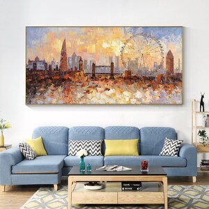May include: A colorful painting of the London skyline with the London Eye Ferris wheel in the background. The painting is done in a loose, impressionistic style with bold brushstrokes.