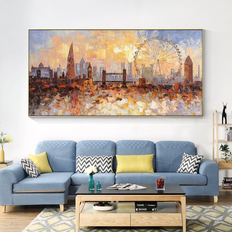 May include: A colorful painting of the London skyline with the London Eye Ferris wheel in the background. The painting is done in a loose, impressionistic style with bold brushstrokes.