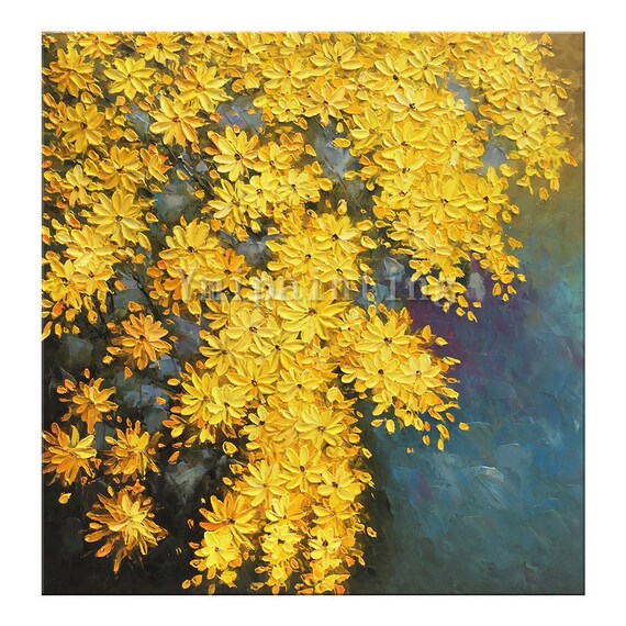 黄色の花の油絵：キャンバスに描かれた抽象的なテクスチャの壁アート