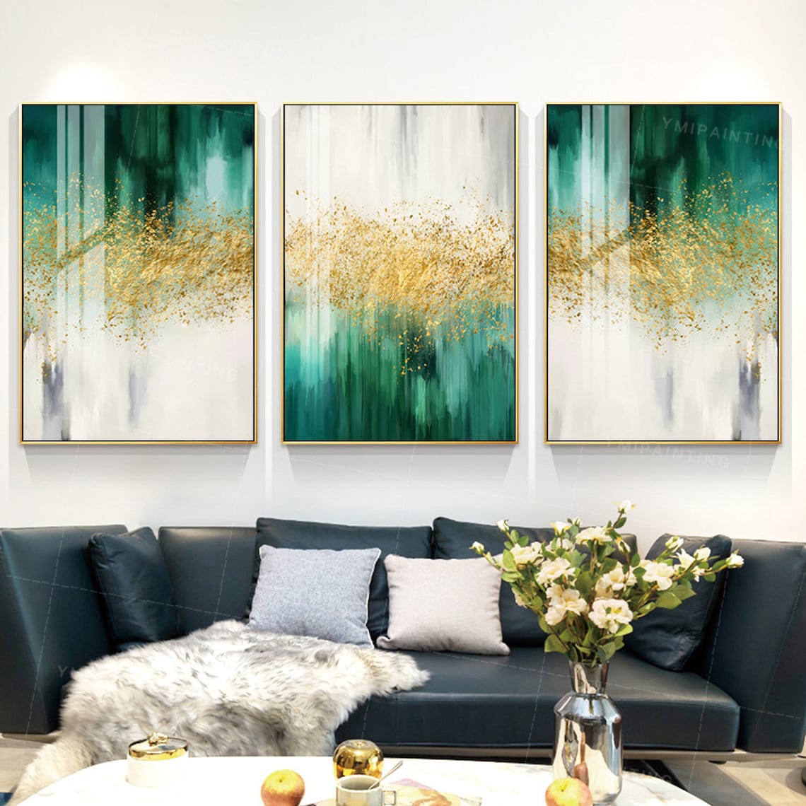 Set of 3 wall art Gold gilitters emerald green Luxury painting Etsy