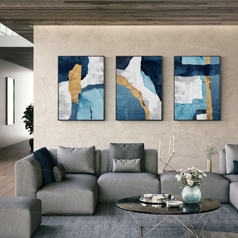 Gold Leaf Framed Painting Set of 3 Wall Art Teal Blue Painting - Etsy ...