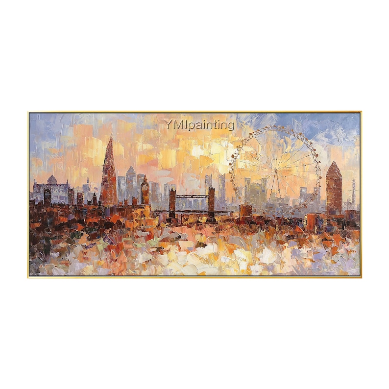 May include: A colorful painting of the London skyline with the London Eye Ferris wheel in the background. The painting is done in a loose, impressionistic style with a focus on the buildings and the sky.
