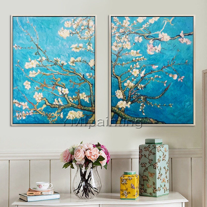 ゴッホ作「アーモンドの花」絵画：手描きキャンバスアート2枚セット