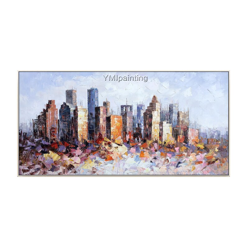 Puede incluir: Una pintura abstracta colorida de una ciudad con edificios altos en varios tonos de azul, marr&oacute;n y naranja. Los edificios se encuentran sobre un cielo azul claro con nubes blancas. La pintura tiene un efecto texturizado, de pinceladas.