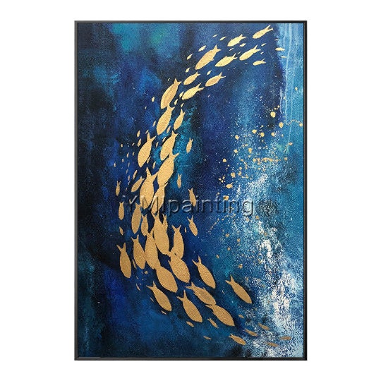 金魚の抽象画：ネイビーブルーの海のテクスチャアート、魚の群れの