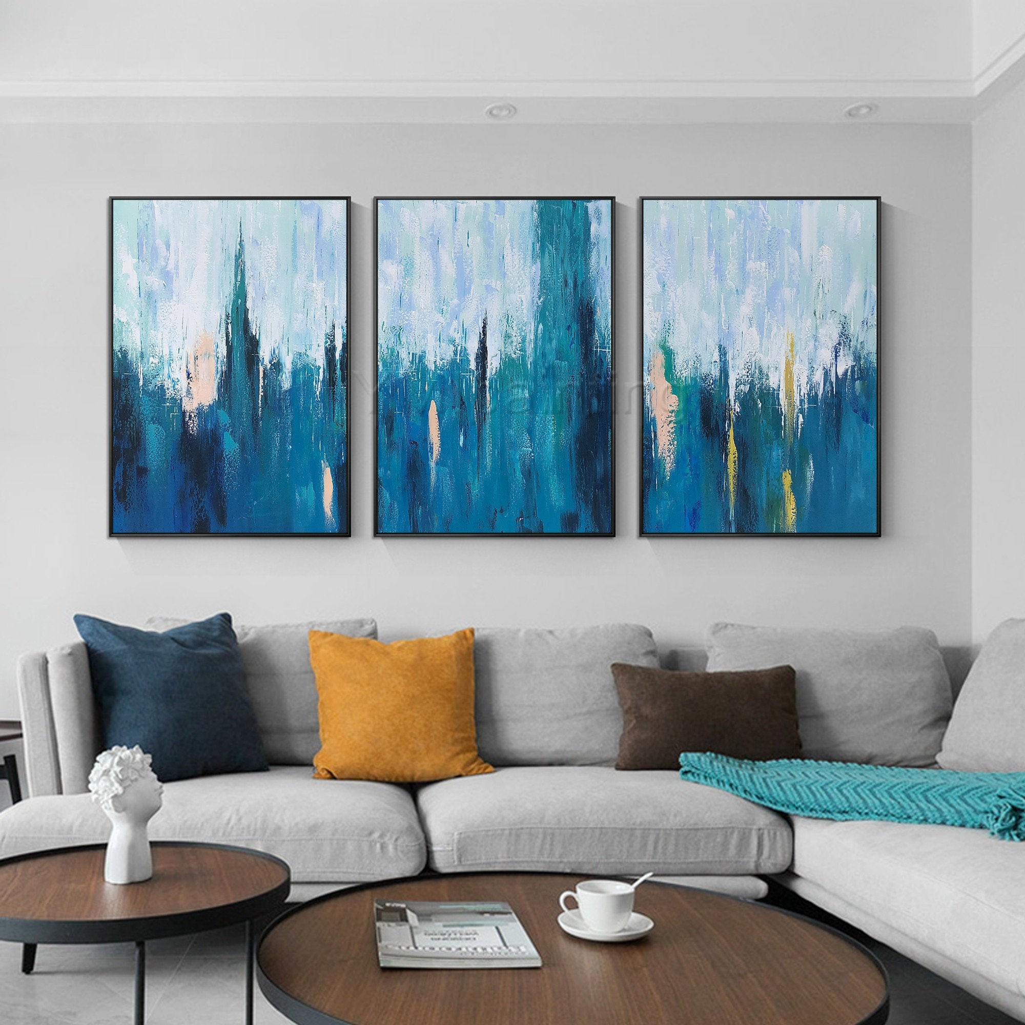 Set of 3 Wall Art Blue Art Abstract Painting 3 Pieces Wall Art Etsy UK
