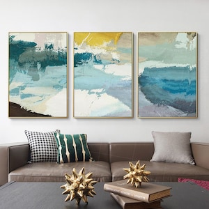 Set of 3 wall art framed painting Mustard yellow sage green wall art teal Abstract landscape paintings on canvas original 3 piece  wall art