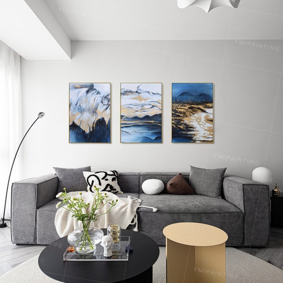 Navy Blue Wall Art 3 Piece Wall Art Abstract Mountain Set of 3 Etsy