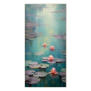 May include: A painting of a pond with water lilies. The water is a teal blue colour and the lilies are pink with yellow centres. The water lilies are floating on lily pads.