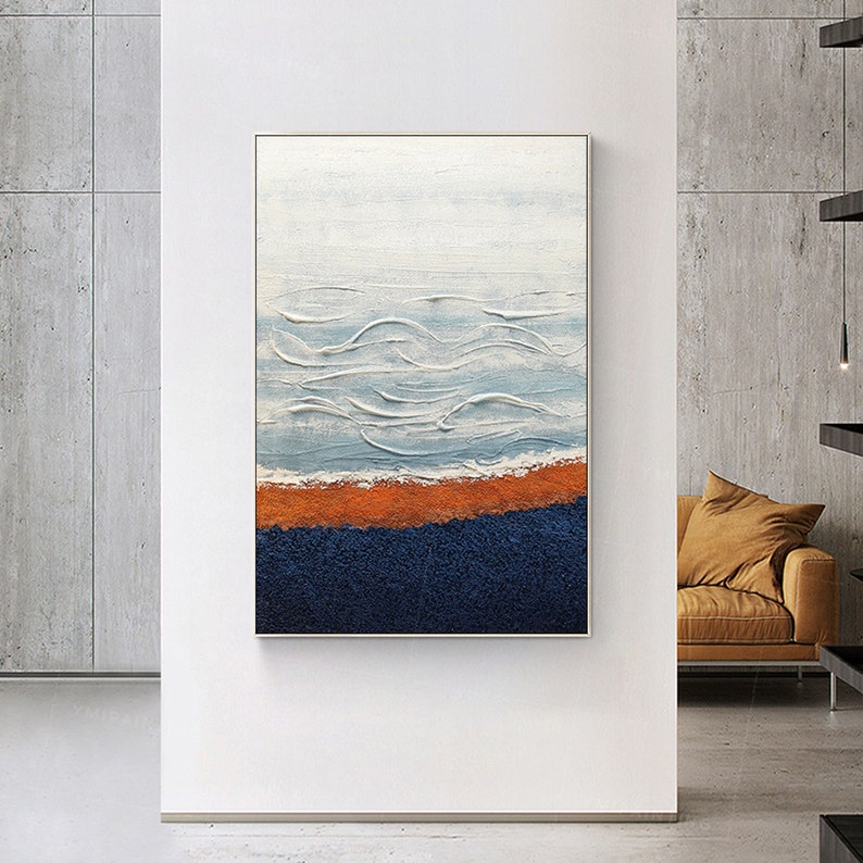 Seascape Art Minimalist Art Abstract Art Navy Blue Orange Etsy