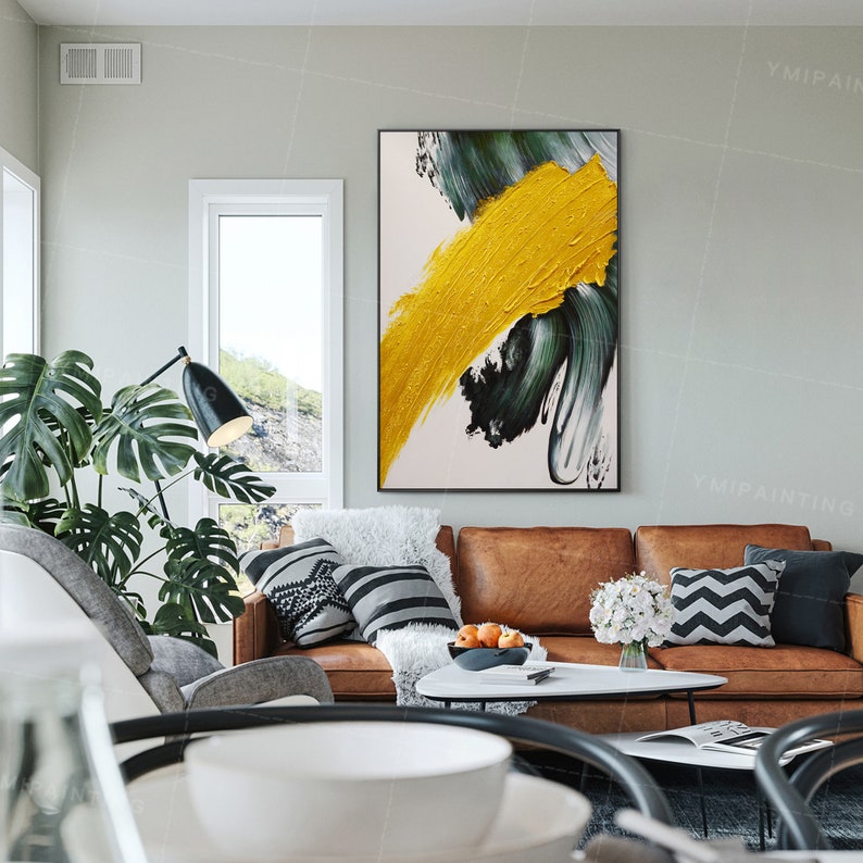 Framed Wall Art Abstract Acrylic Yellow and Green Paintings on - Etsy