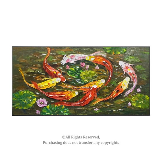 蓮の花をあしらった鯉のオリジナル絵画：大きな質感のある風水アート 