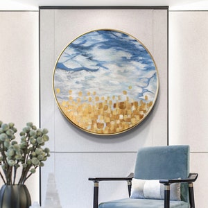 Blue abstract art round painting,round canvas art,textured painting,palette knife painting,yellow wall art,canvas painting,Ymipainting