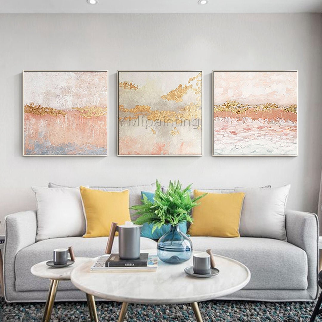 Framed Abstract Painting: Coral Pink & Gold Leaf, Set of 3 Boho Wall ...