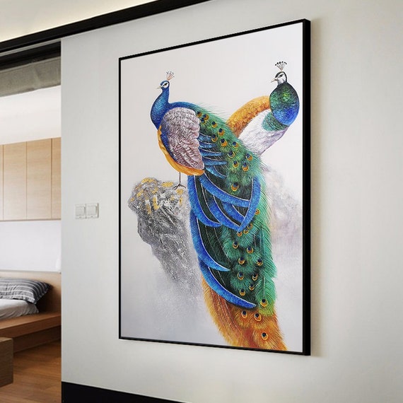 風水孔雀の絵画（額入り）青と金の孔雀の油絵：抽象的なキャンバス壁