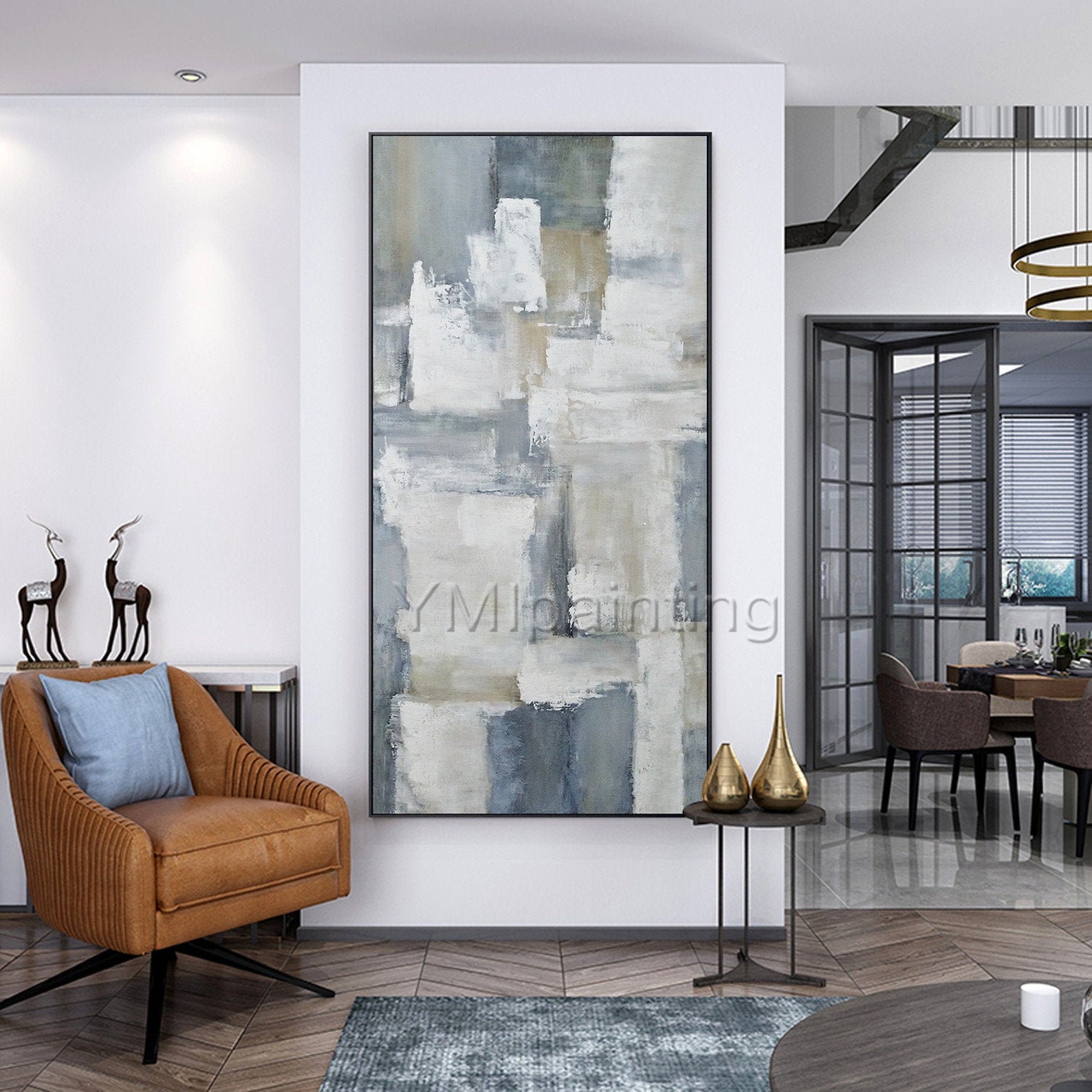 Framed Wall Art White Gray Paintings on Canvas Original Etsy