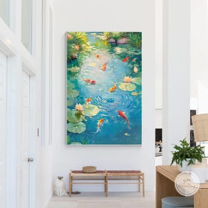 Handmade 9 Koi Fish and Lotus Painting,Textured Blue Green Koi Wall Art,Feng Shui Canvas,Large Vertical Fish Artwork,Gift Ideas,Ymipaint