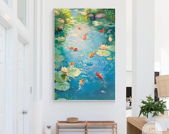 9 Koi Fish Wall Art and Lotus Koi Painting Vastu Textured Feng Shui Wall Art Colorful Carp & Japanese  Koi Art Lucky Large entryway decor