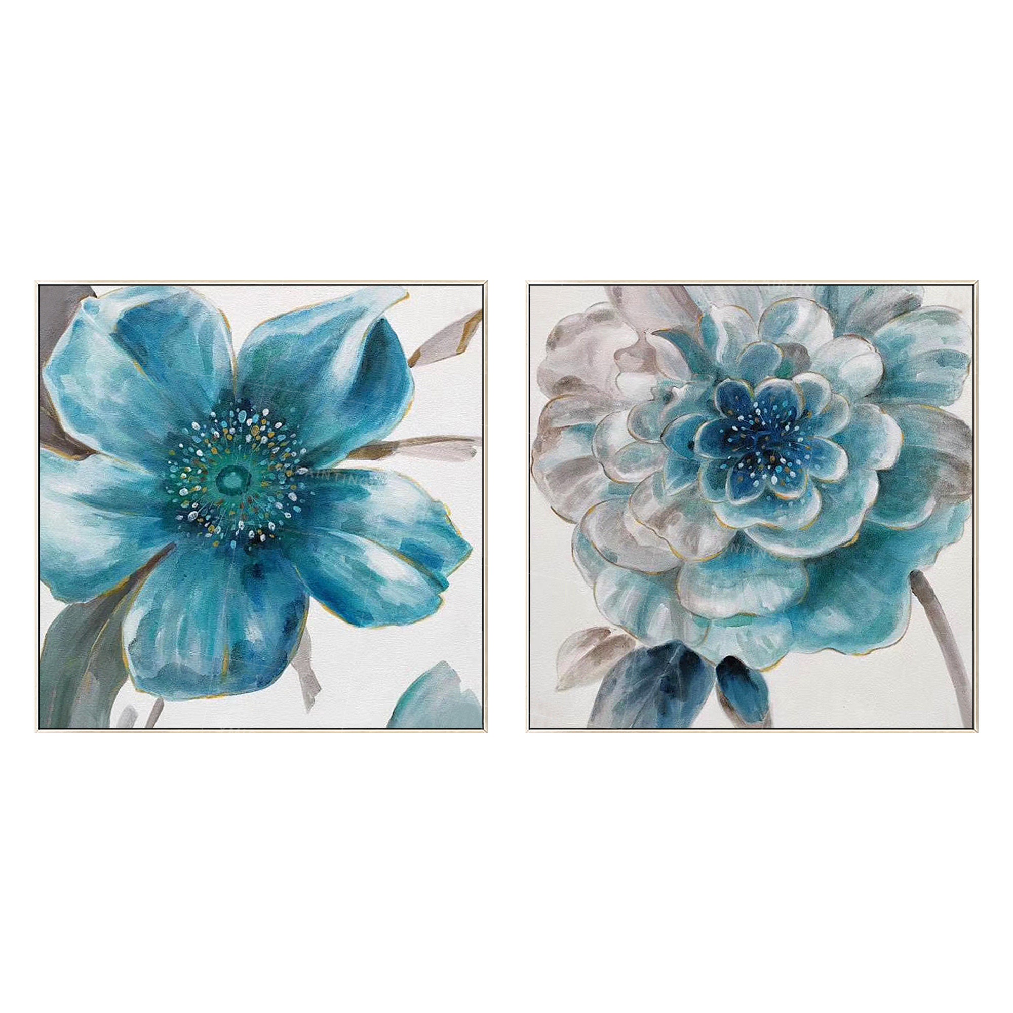 Set of 2 wall art Abstract floral paintings on Canvas art blue | Etsy