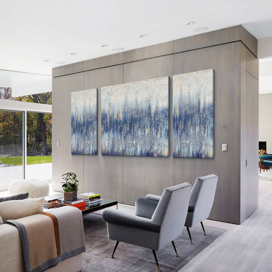 Set of 3 Original Gold Glitter Wall Art,navy Blue Wall Art,glitter