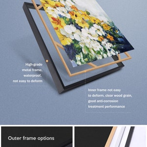 May include: Example of a framed canvas print with a floral painting. The canvas is framed with a black inner frame and a wooden outer frame. The outer frame is available in black, silver, or gold.