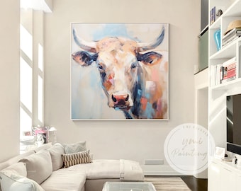 Origineel koeschilderij: dierenkunstcanvas met textuur en pastelkleur