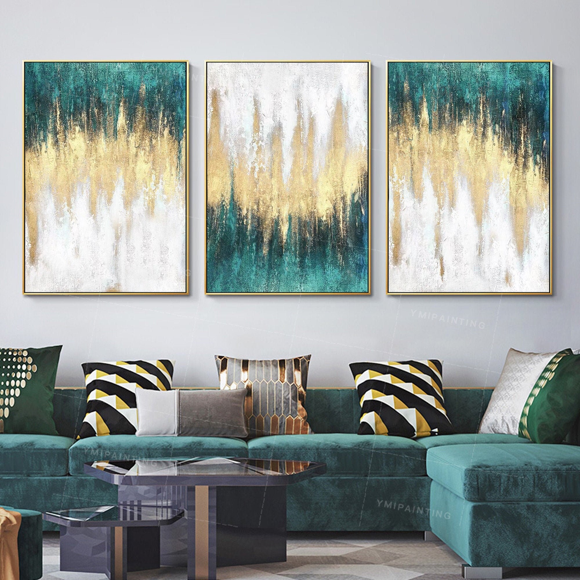 Teal Abstract Art Set of 3 Wall Art Gold Forest Painting Wall Etsy UK