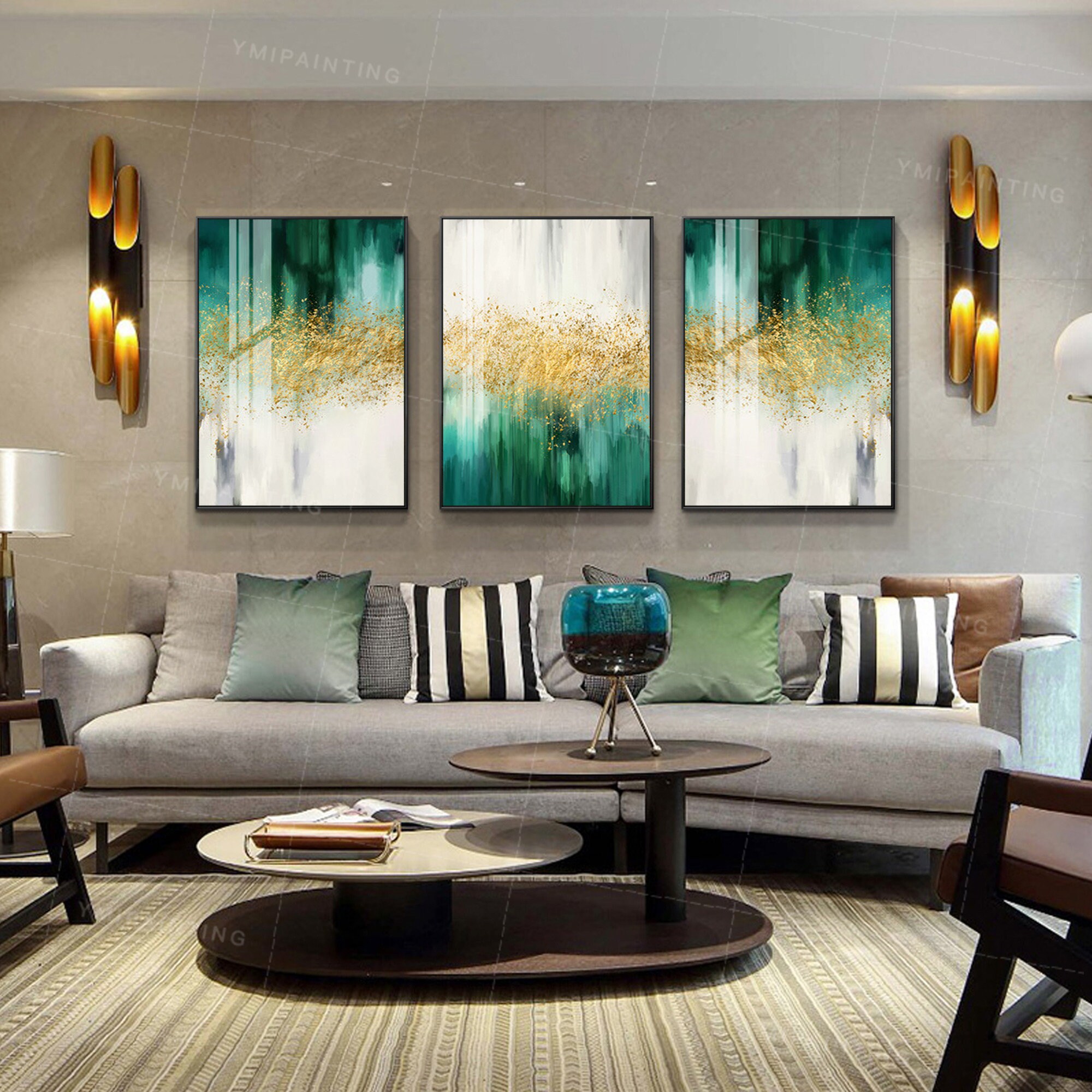 Set of 3 wall art Gold gilitters emerald green living room Etsy