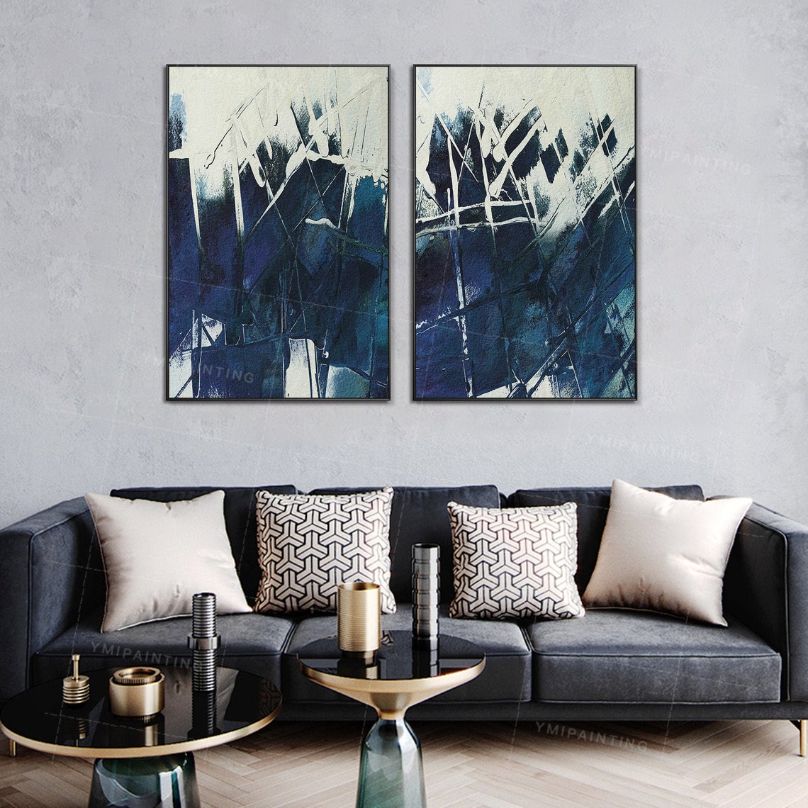 Set of 2 wall art Ymipainting Navy blue 2 piece wall art Etsy