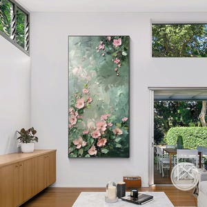 Luxury flower art,sage green wall art, pink flowers,emerald wall art,large framed art,modern art,pink green art,living room decor,Ymipaint