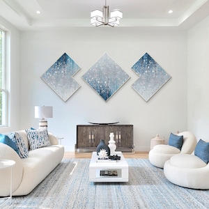 Original Navy Blue Glitter Painting Set of 3: Abstract Sparkle Wall Art