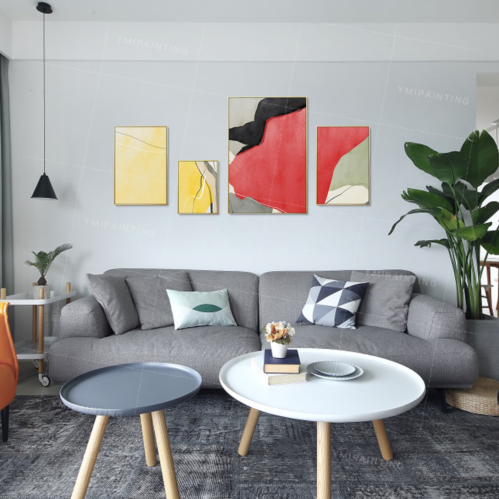 Set of 4 Wall Art Mustard Yellow Art Abstract Acrylic Geometry Etsy