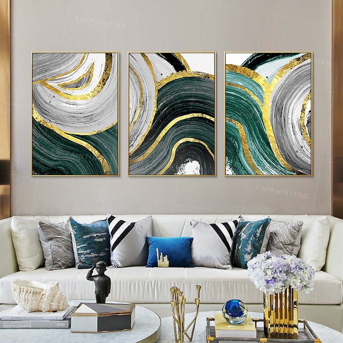 Emerald green wall art Framed painting set of 3 wall art