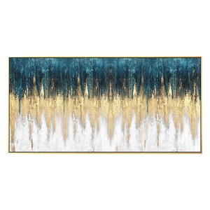 Op de afbeelding: Abstract schilderij in een gouden en teal kleurenschema. Het schilderij heeft een textuur, gelaagd effect met verticale penseelstreken.